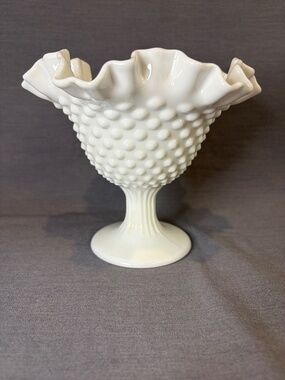 Vintage Fenton Milk Glass Hobnail Pedestal Compote Candy Dish Bowl Ruffled Edge